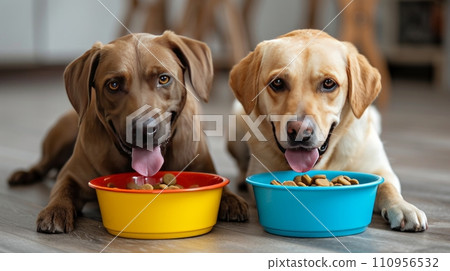 two happy dogs happily eat their food from colorful bowls two happy dogs happily eat their food from colorful bowls 110956532