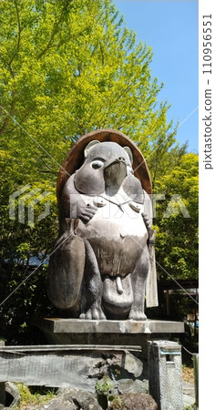 A large raccoon dog statue surrounded by fresh greenery A large raccoon dog statue surrounded by fresh greenery 110956551