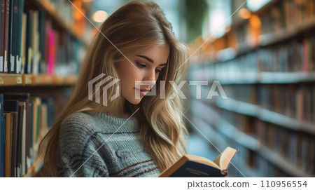 young beautiful woman in the library reading a book 110956554