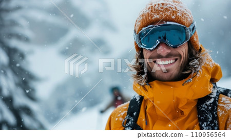 Portrait of a beautiful young man skiing in the background of Alpine clones Portrait of a beautiful young man skiing in the background of Alpine clones 110956564