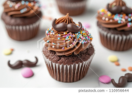 Chocolate cacao cupcakes with moustache and sprinkles decor, fathers day concept 110956644