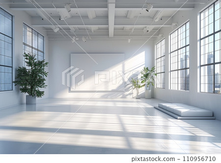 a empty room with white walls and large windows 110956710