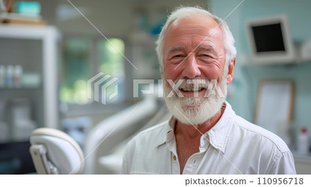 A Happy Senior Man Poses for the Camera at the Dentist's Office 110956718