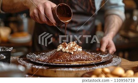 a cook in a street cafe spreads chocolate spread on a pancake 110956719