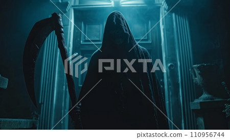 A man in a black cloak with a hood and a large scythe knocks on the door at night 110956744