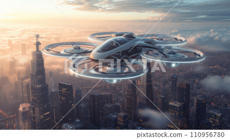 A Futuristic Manned Robo-Passenger Drone Soars Through the Sky Above a Modern City A Futuristic Manned Robo-Passenger Drone Soars Through the Sky Above a Modern City 110956780