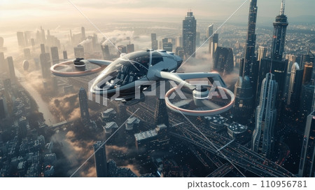 A Futuristic Manned Robo-Passenger Drone Soars Through the Sky Above a Modern City A Futuristic Manned Robo-Passenger Drone Soars Through the Sky Above a Modern City 110956781
