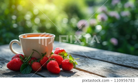 a cup of green tea next to strawberries on a wooden table. blurred background of summer garden from behind a cup of green tea next to strawberries on a wooden table. blurred background of summer garden from behind 110956783