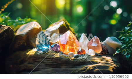 AI-generated content. Precious stones in the forest in the rays of the sun, Magic still life for esoteric crystal ritual, witchcraft, spiritual practice, Meditation, reiki, 110956902