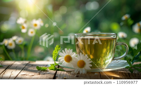 a cup of green tea next to chamomile flower on a wooden table. blurred background of summer garden from behind 110956977