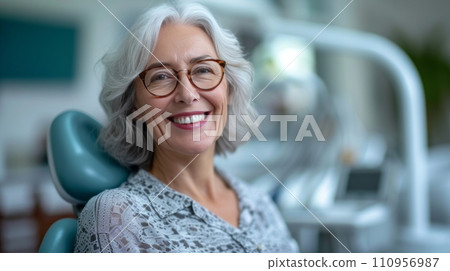 A Happy Senior Woman Poses for the Camera at the Dentist's Office A Happy Senior Woman Poses for the Camera at the Dentist's Office 110956987