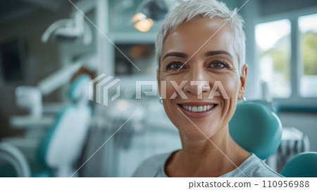 A Happy Senior Woman Poses for the Camera at the Dentist's Office A Happy Senior Woman Poses for the Camera at the Dentist's Office 110956988