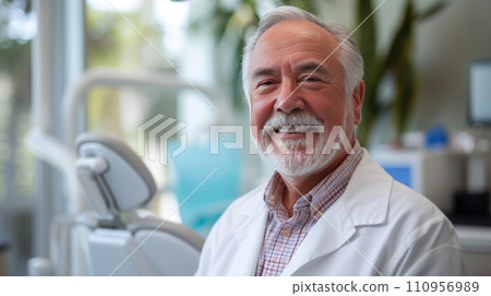 A Happy Senior Man Poses for the Camera at the Dentist's Office 110956989