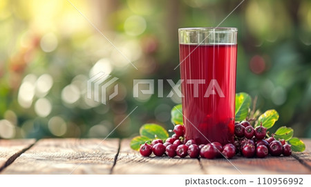 a glass of cowberry juice next to cowberries on a wooden table. blurred background of summer garden from behind 110956992