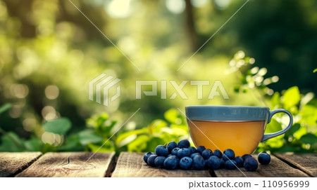 a cup of green tea next to blueberry on a wooden table. blurred background of summer garden from behind a cup of green tea next to blueberry on a wooden table. blurred background of summer garden from behind 110956999