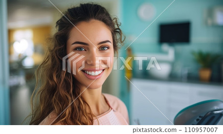 A Happy Senior Woman Poses for the Camera at the Dentist's Office 110957007