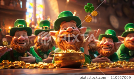 A group of cheerful leprechauns are sitting at a bar. One of them tosses a gold coin with a clover leaf drawn on it A group of cheerful leprechauns are sitting at a bar. One of them tosses a gold coin with a clover leaf drawn on it 110957009