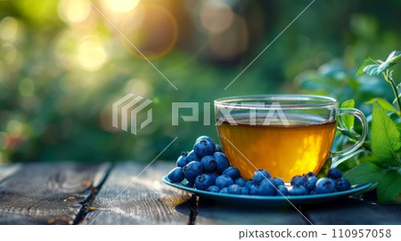 a cup of green tea next to blueberry on a wooden table. blurred background of summer garden from behind a cup of green tea next to blueberry on a wooden table. blurred background of summer garden from behind 110957058