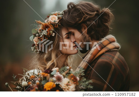 a couple kissing while holding flower crown a couple kissing while holding flower crown 110957182
