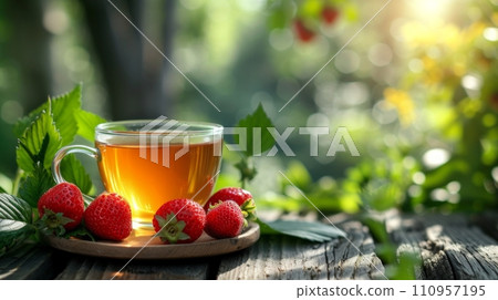 a cup of green tea next to strawberries on a wooden table. blurred background of summer garden from behind 110957195