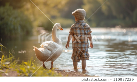 A five-year-old boy in plaid shorts and a plaid cap, together with a large white goose A five-year-old boy in plaid shorts and a plaid cap, together with a large white goose 110957229