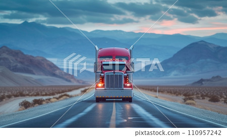 a large red lonely truck drives along the road through the endless American desert 110957242