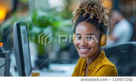 A Customer Support Representative Assisting Customers on Their Desktop Computer in an Office Setting 110957262
