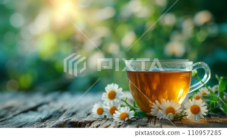 a cup of green tea next to chamomile flower on a wooden table. blurred background of summer garden from behind a cup of green tea next to chamomile flower on a wooden table. blurred background of summer garden from behind 110957285