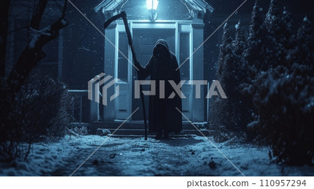 A man in a black cloak with a hood and a large scythe knocks on the door at night A man in a black cloak with a hood and a large scythe knocks on the door at night 110957294