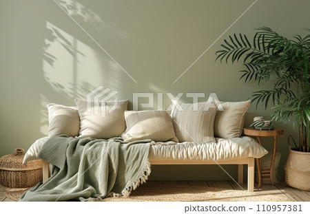 a sofa with blankets, a plant and a table 110957381