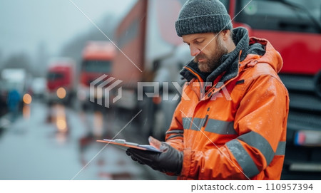 A transportation manager reviewing a checklist in a parking lot A transportation manager reviewing a checklist in a parking lot 110957394