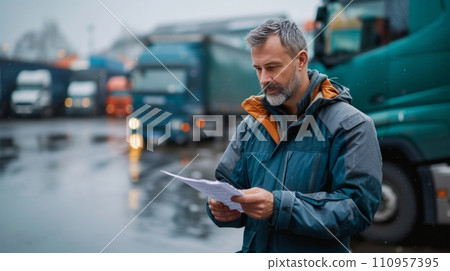A transportation manager reviewing a checklist in a parking lot A transportation manager reviewing a checklist in a parking lot 110957395