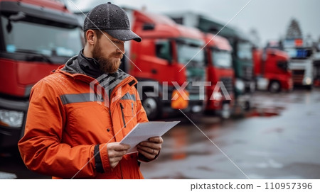 A transportation manager reviewing a checklist in a parking lot A transportation manager reviewing a checklist in a parking lot 110957396