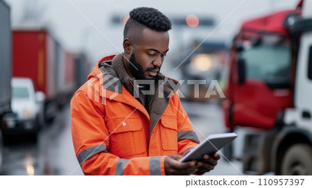 A transportation manager reviewing a checklist in a parking lot A transportation manager reviewing a checklist in a parking lot 110957397