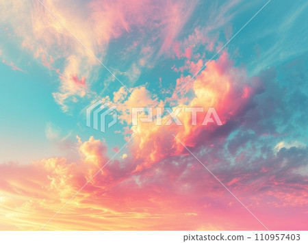 a view of the sky with a pink, blue and yellow sky 110957403