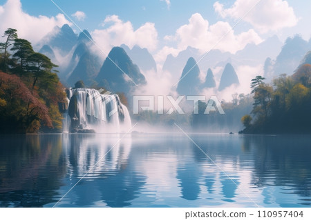 a waterfall is on the water with mountains reflected in it a waterfall is on the water with mountains reflected in it 110957404