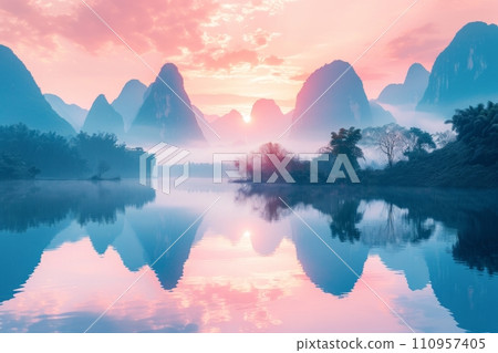 a waterfall is on the water with mountains reflected in it a waterfall is on the water with mountains reflected in it 110957405
