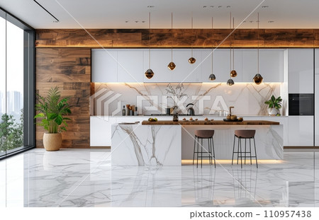 a white kitchen with wooden accent wall a white kitchen with wooden accent wall 110957438