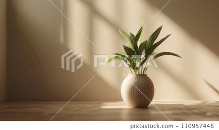 a white wooden vase filled with plants in a room with sunlight 110957448