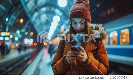 Texting on Her Smartphone at the Train Station Texting on Her Smartphone at the Train Station 110957484