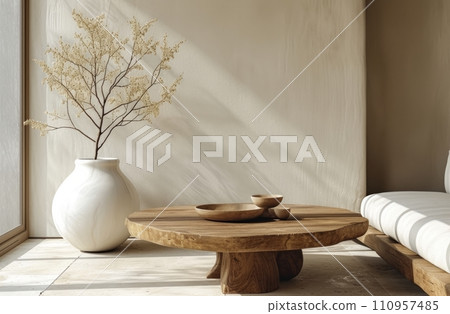 a wooden table is placed beside a white vase 110957485