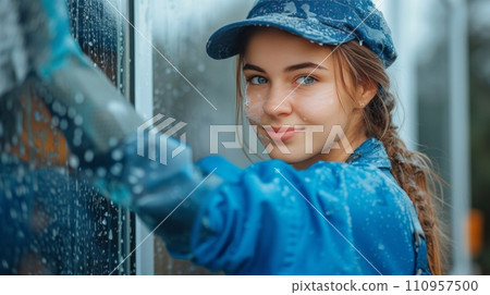 A young beautiful girl in a blue overalls washes a window A young beautiful girl in a blue overalls washes a window 110957500
