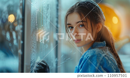 A young beautiful girl in a blue overalls washes a window A young beautiful girl in a blue overalls washes a window 110957501