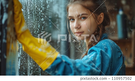 A young beautiful girl in a blue overalls washes a window A young beautiful girl in a blue overalls washes a window 110957502