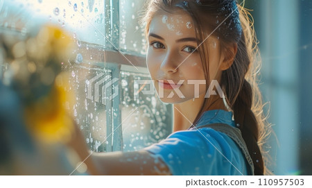 A young beautiful girl in a blue overalls washes a window 110957503