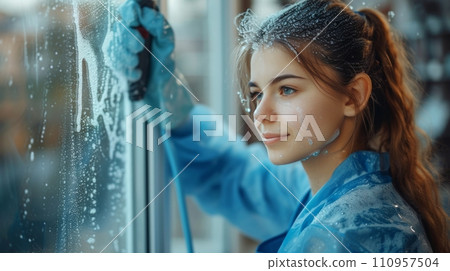 A young beautiful girl in a blue overalls washes a window A young beautiful girl in a blue overalls washes a window 110957504