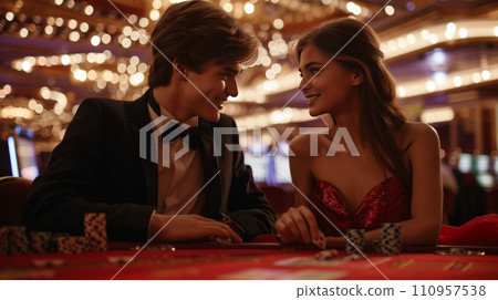 a young couple plays poker in a casino. A man is dressed in a black suit, a woman is dressed in a red satin dress 110957538