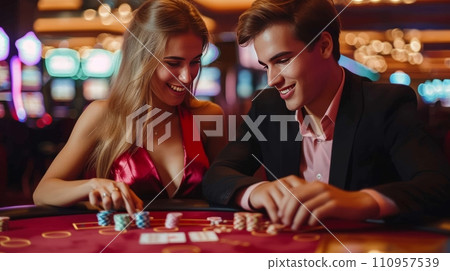 a young couple plays poker in a casino. A man is dressed in a black suit, a woman is dressed in a red satin dress 110957539