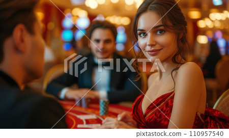 a young couple plays poker in a casino. A man is dressed in a black suit, a woman is dressed in a red satin dress 110957540