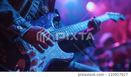 a person is playing an electric guitar at a concert a person is playing an electric guitar at a concert 110957627